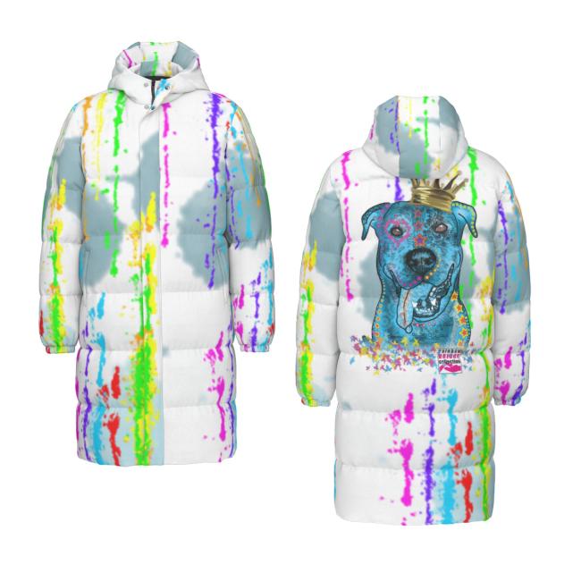 Warme Wintermantel mit Hundemotiv Alec – Popart Hundemotiv, 90% Daunen, 10% Federn, bunt, stylisch, Schäferhund, Rottweiler, Mix, SOKA, Listenhund, Größe XS- 4XL